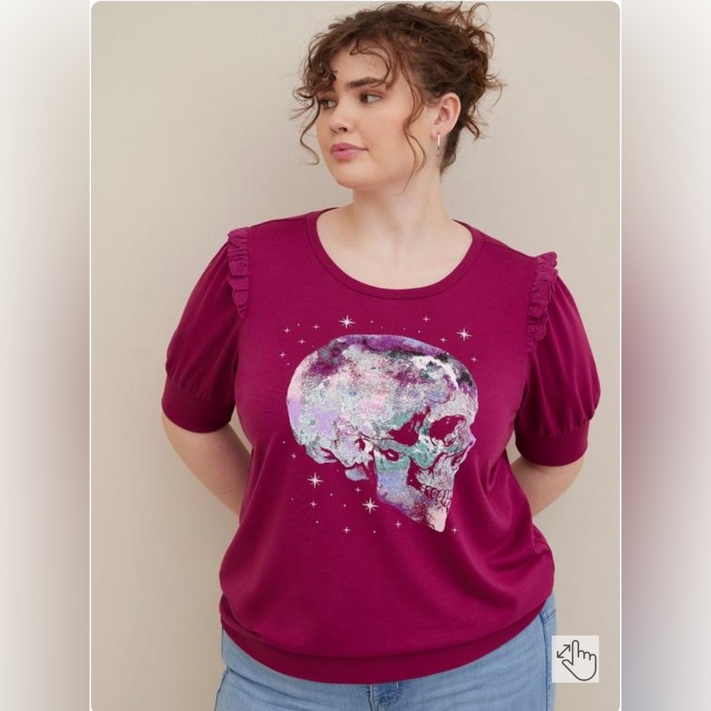 Torrid Classic Fit French Terry Short Sleeve Colorful Skull Ruffle Sweatshirt 2X